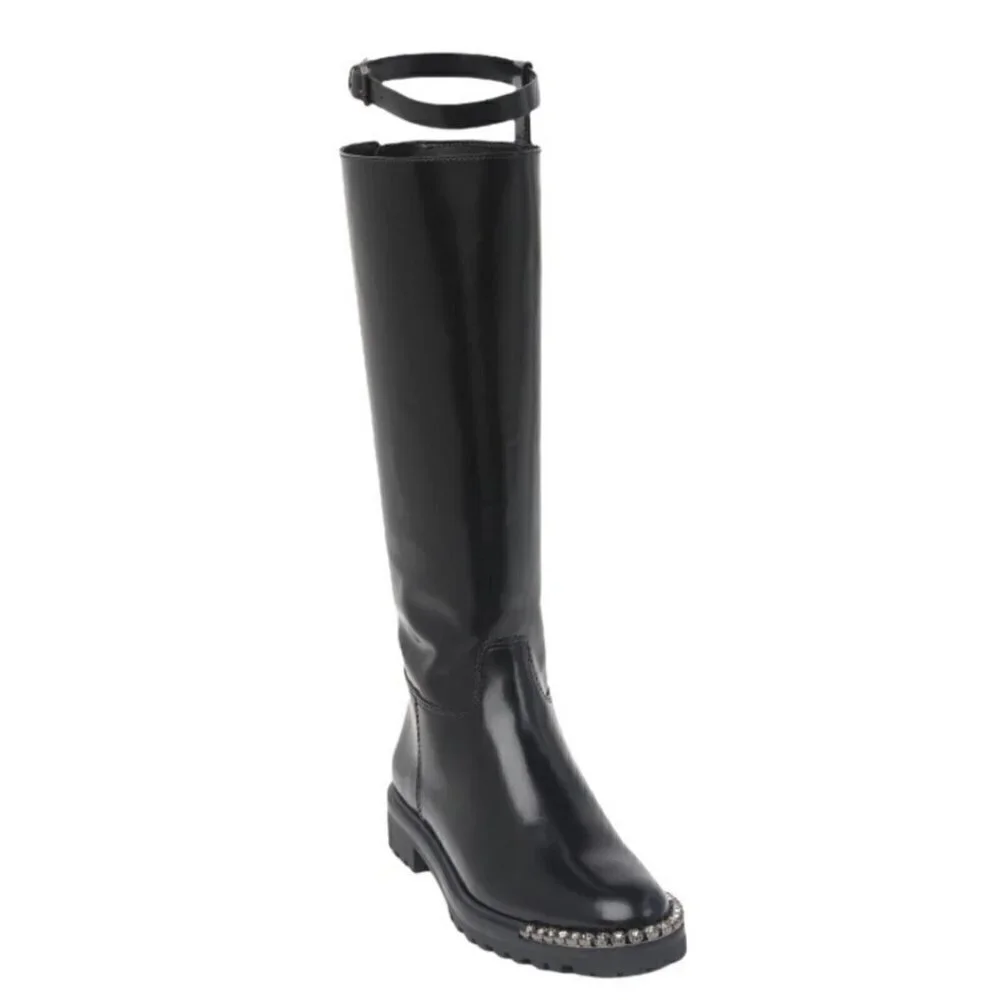 NEW Schutz Cianna Embellished Toe Black Polished Leather Riding Boots Size 6.5B